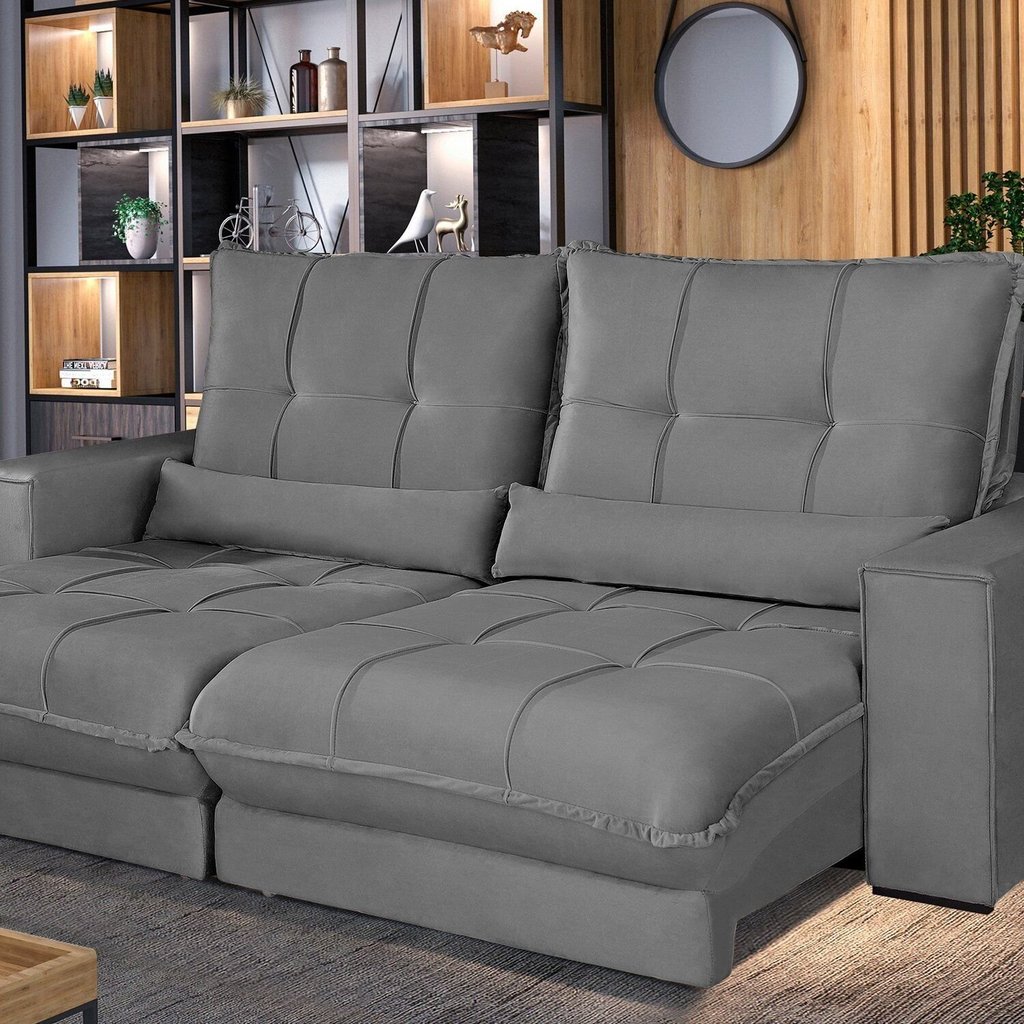Sofá Retrátil e Reclinável Thor - Molas Ensacadas 290 Cm – Veludo Cinza Chumbo