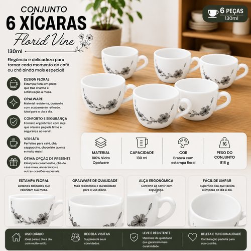 Conjunto 6 Xicaras Porcelana Branca 130ml Copo Cafe Moderno Elegante