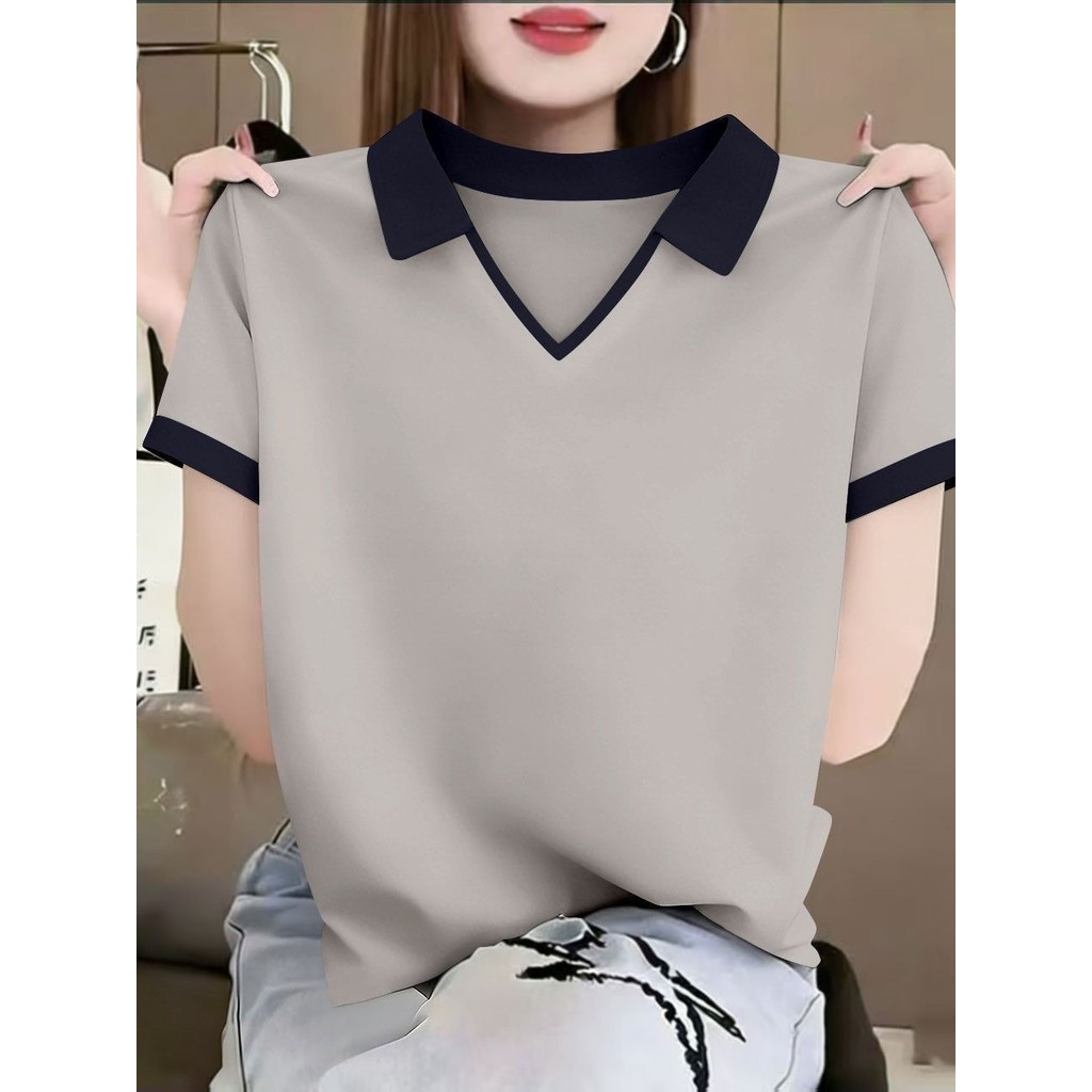 2026 verão novo estilo gola polo manga curta camiseta feminina Casual respirável cobertura de carne mãe Wear Slimm