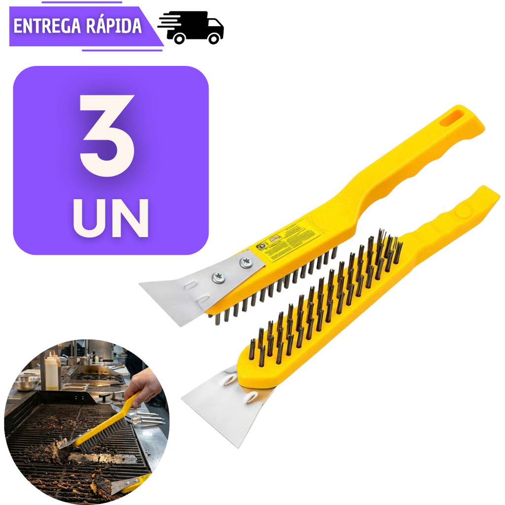 Jogo 3 Escova De Aço Multiuso Com Espátula Raspadora 27cm Limpeza Pesada Grelha Chapa Utilidades Churrasqueira Escovas