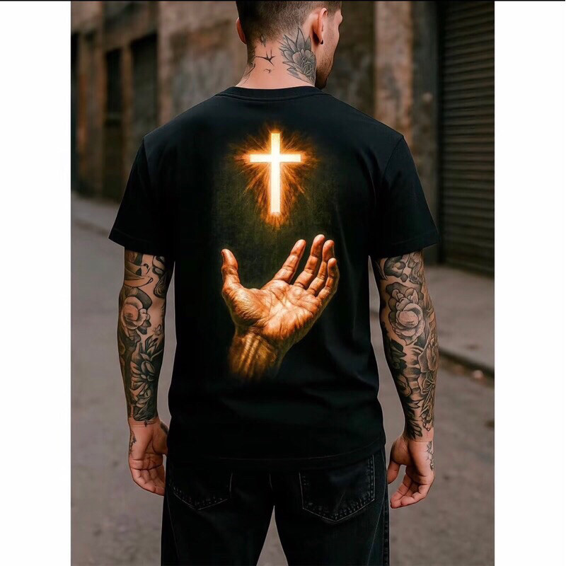 Camiseta Masculino e Cruz Dourada Brilhante 100% Algodão .