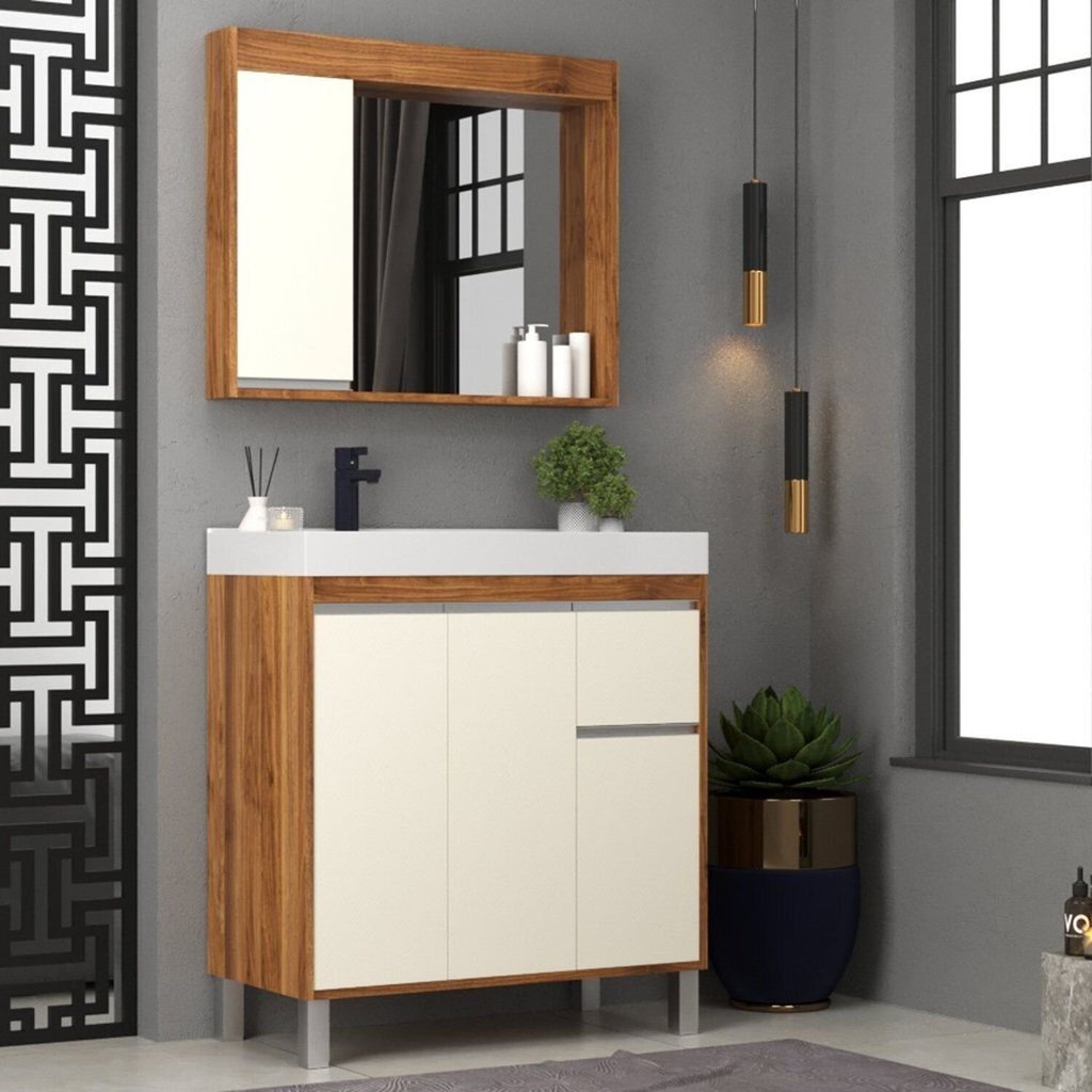 Gabinete de Banheiro 80cm com Cuba e Espelheira Bege/Amêndoa/Off White