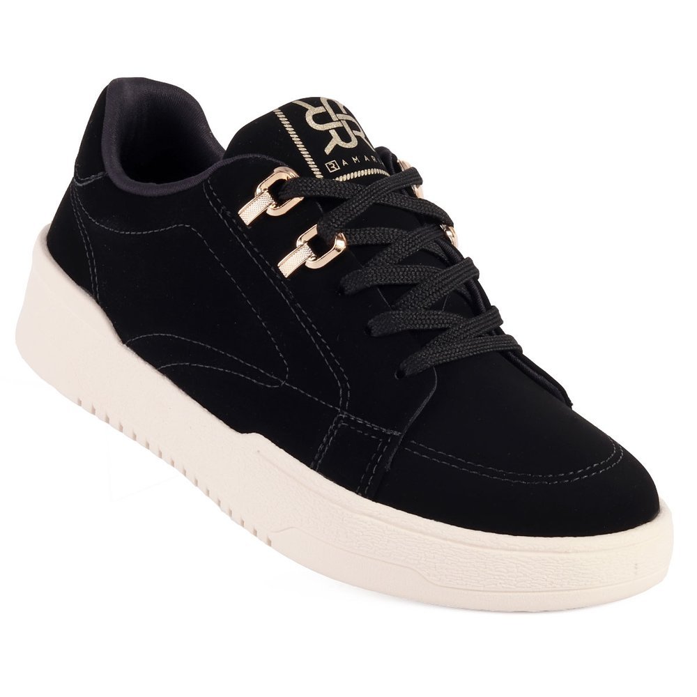 Tênis Feminino Ramarim Casual Preto em Nobuck com Detalhes Dourados Leve Palmilha Ultra Confortável