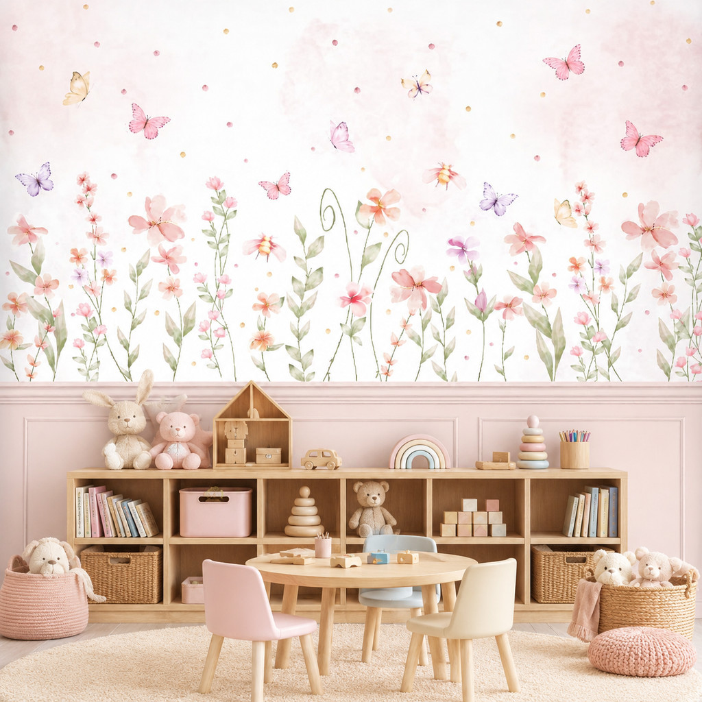 Papel de Parede Autocolante Rosas Floral Painel Completo Boiserie Menina Infantil Lavável - Fácil Aplicação