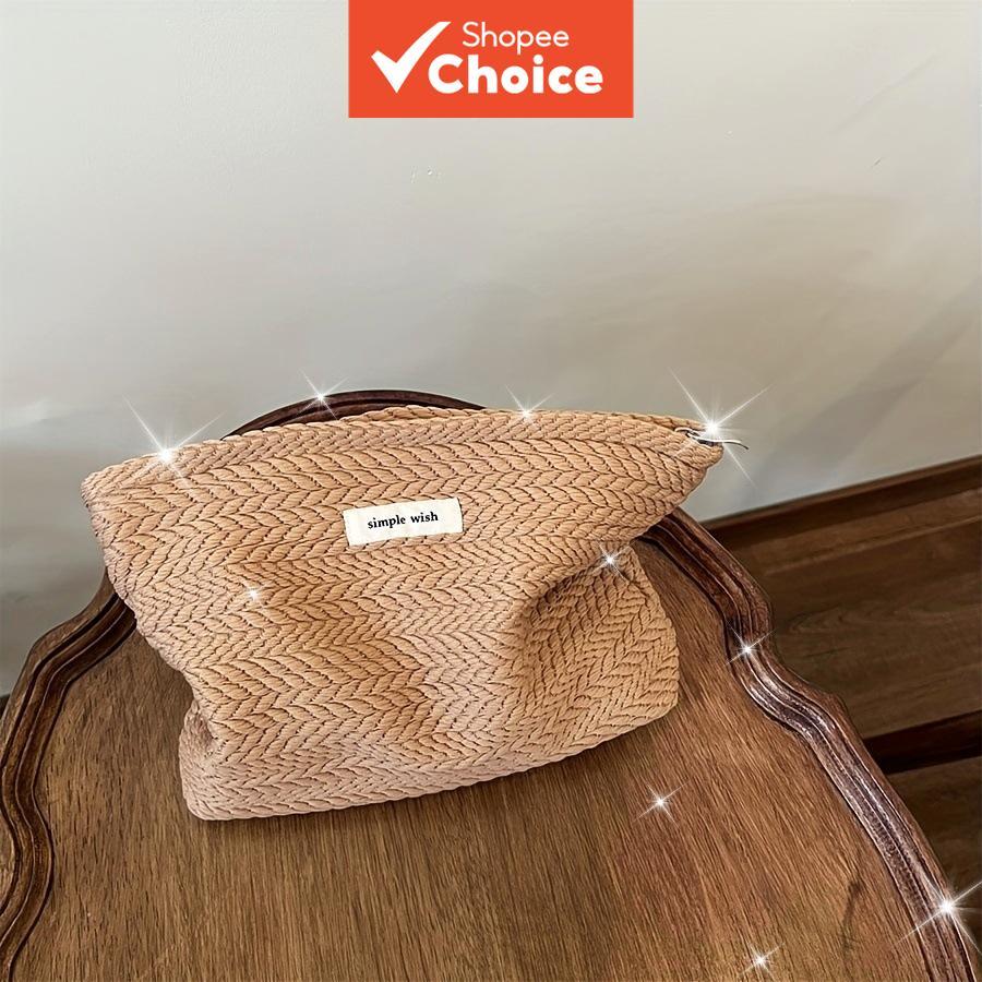 Uma nova bolsa de maquiagem com padrão de espiga de arroz para mulheres, portátil para viagens, ideal para guardar