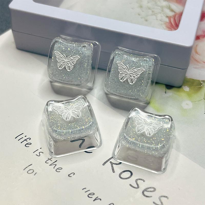 1 Pçs Artesanal Translúcido Borboleta Glitter Resina Keycaps Eixo Cruz Teclado Mecânico Keycap Decoração ESC WASD