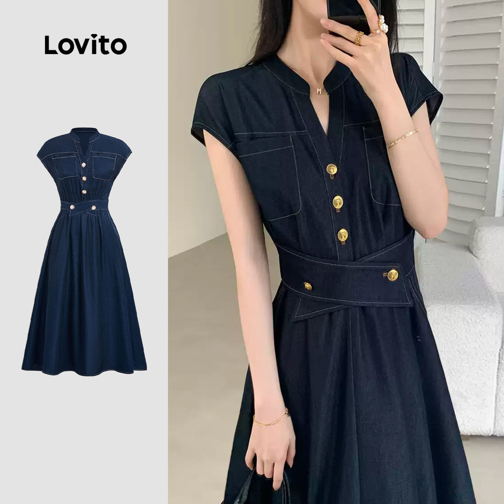 Lovito Vestido Elegante com Cinto Botões Primavera/verão Vestido Azul Escuro para Mulheres L143AD730 em Oferta na Shopee