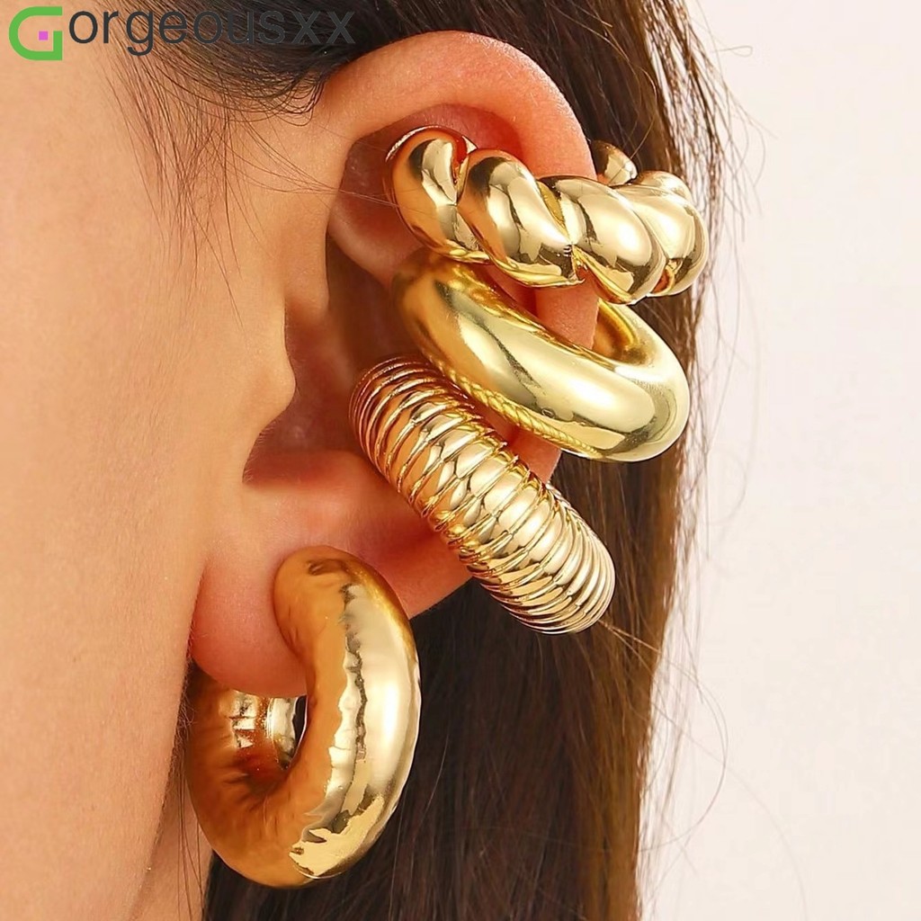 [Gorgeousxx] 4 Peças De Clipe De Orelha De Acrílico Em Forma De C Da Moda Para Mulheres , Brincos Redondos Sem Piercing 