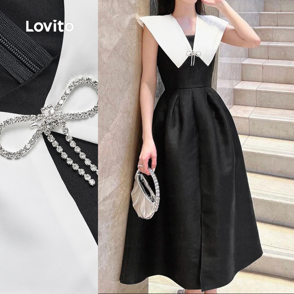 (New) Lovito Vestido Elegant Colorblock Primavera/verão Preto e Branco para Mulheres L150ED064 em Oferta na Shopee