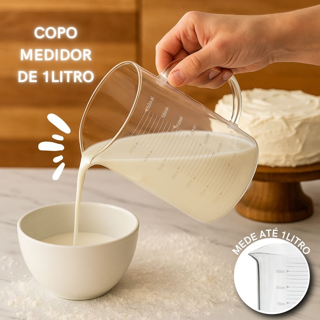 Jarra Copo Medidor 1 Litro Vidro receitas Mistura Copo Alto em Oferta na Shopee