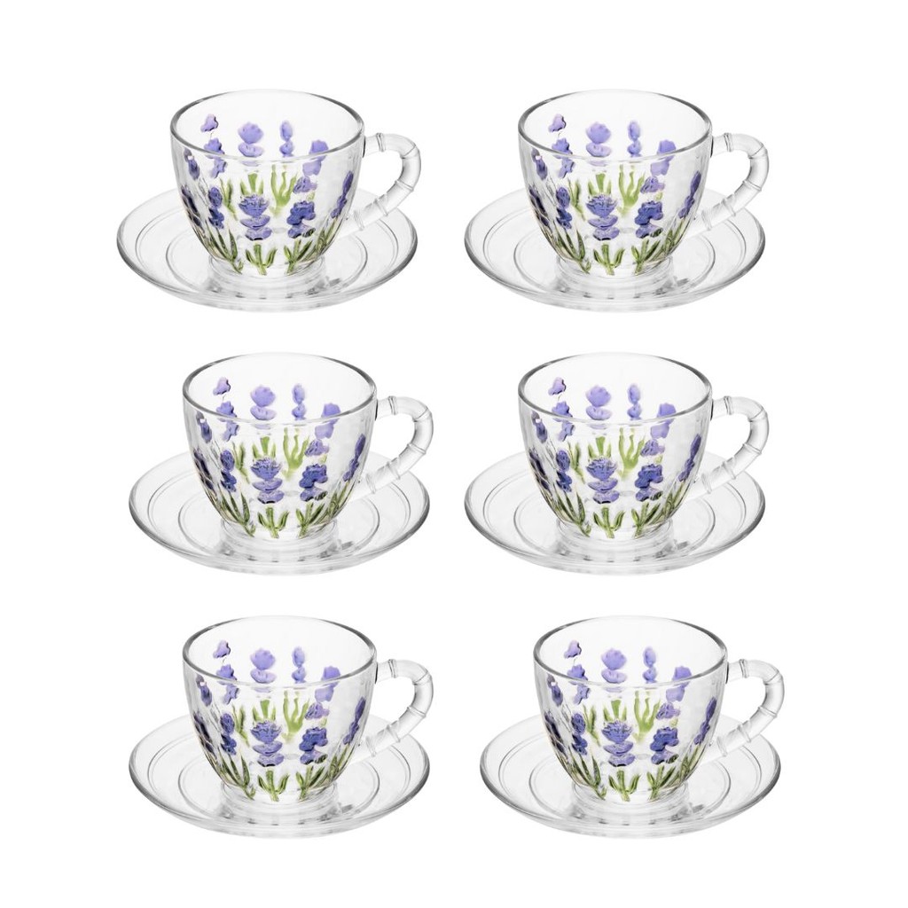 Cj 6 Xícara de Café com Pires Lavanda Hand Painting 80ml Cristal - Lyor