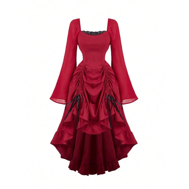 Vestido Feminino Mullet Festa Fantasia Medieval Vampira Manga Longa Vermelho Bordô SH