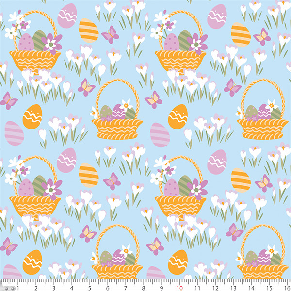 Tecido Tricoline Estampado Cestas de Páscoa Floral Fundo Azul Patchwork Decorativo DIY Artesanal