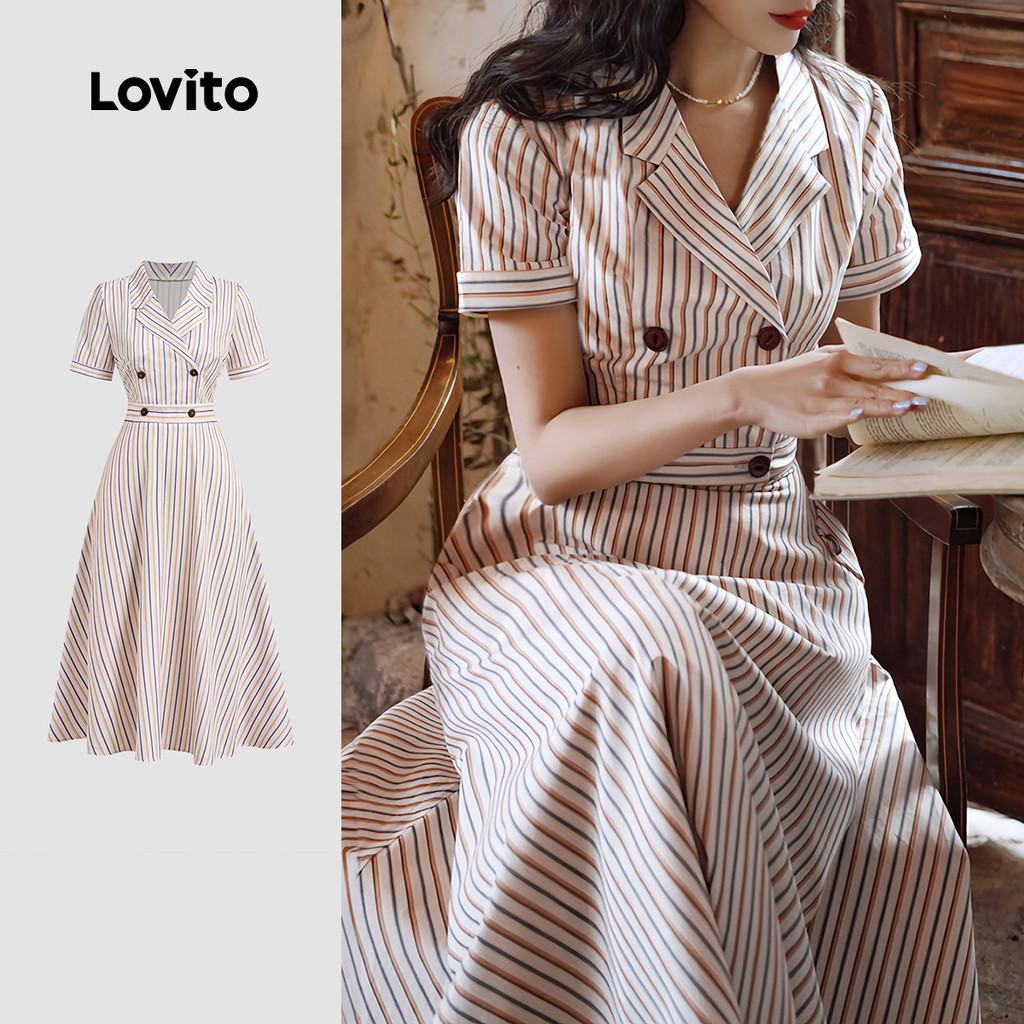 Lovito Botão de Vestido Elegante Primavera/verão Vestido Cáqui para mulheres L150AD903 em Oferta na Shopee