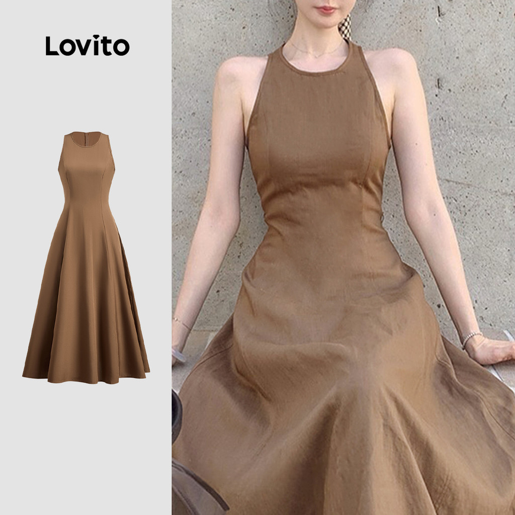 Lovito Vestido Casual Feminino Em Tecido Para Costura Na Cor Sépia Para a Primavera/verão L150ED242 em Oferta na Shopee