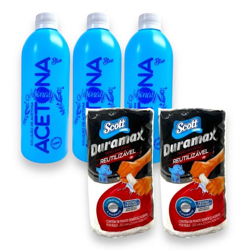 3 Acetonas Monaly Blue + 2 Rolos Pano Duramax em Oferta na Shopee