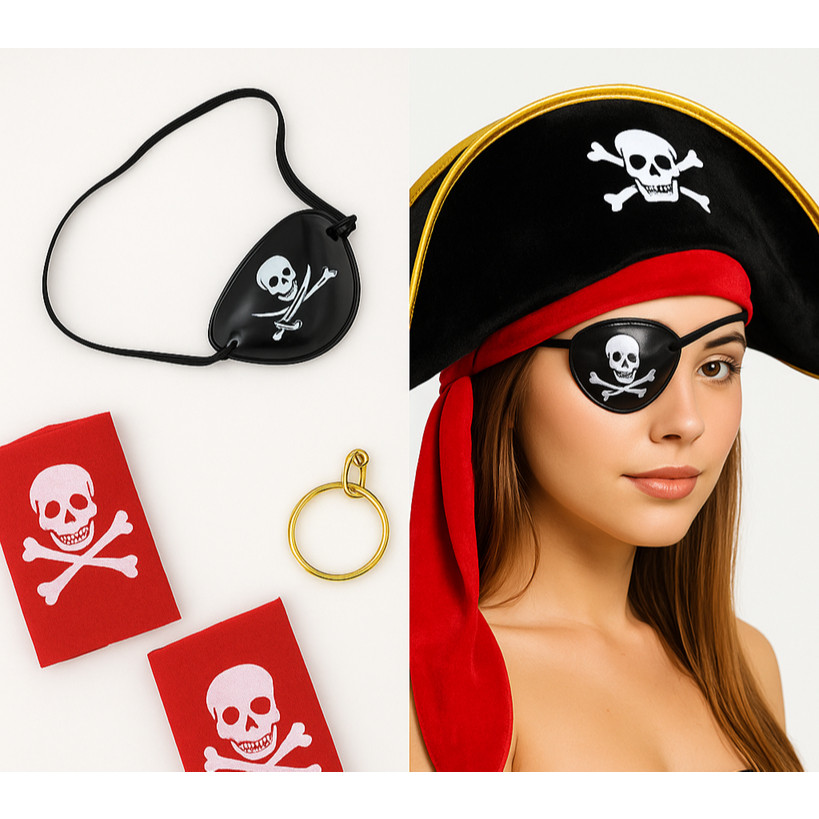 Acessórios Pirata Chapéu Brinco Tapa Olho Bandana Halloween Carnaval 4Pçs em Oferta na Shopee