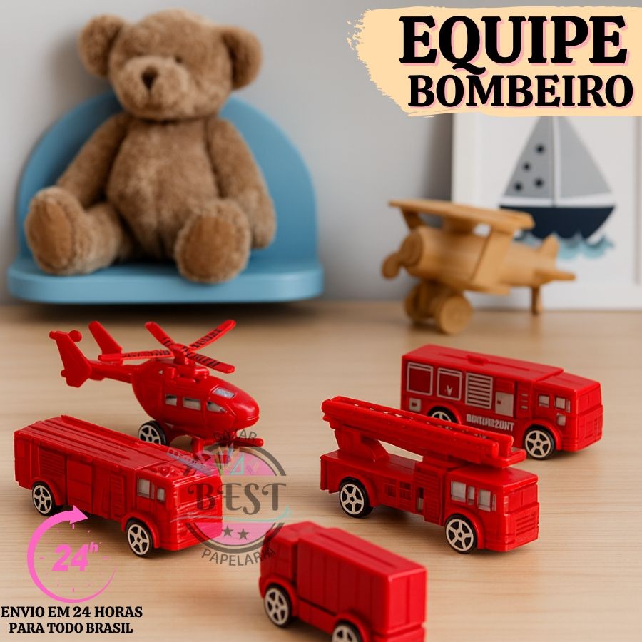 Carrinhos Miniatura Fricção Equipe Bombeiro Brinquedo DuteToys Kit 5 Carrinho Caminhão