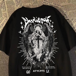 Camiseta Preta Unisex, Design com Imagem de Anjo com Asas, Cruz e Textos, Moda Urbana em Oferta na Shopee