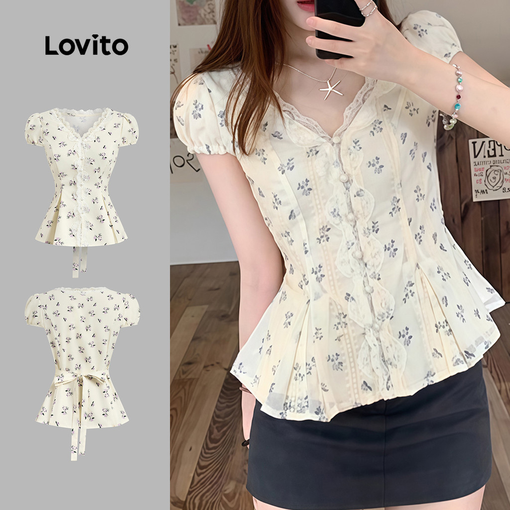 (NEW) Lovito Blusa Fofa de Renda com Botões Na Frente para Primavera/verão para Mulheres L154ED1015 em Oferta na Shopee