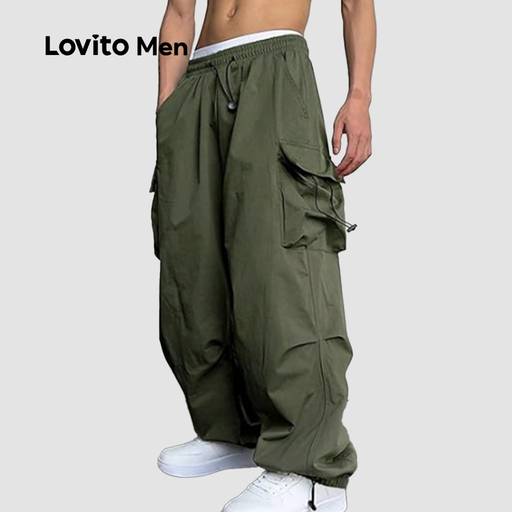 Lovito Men Protótipo Casual com Bolso Estrutura de Bolso Cordão para Todas As Estações Verde militar LNE118050 em Oferta na Shopee