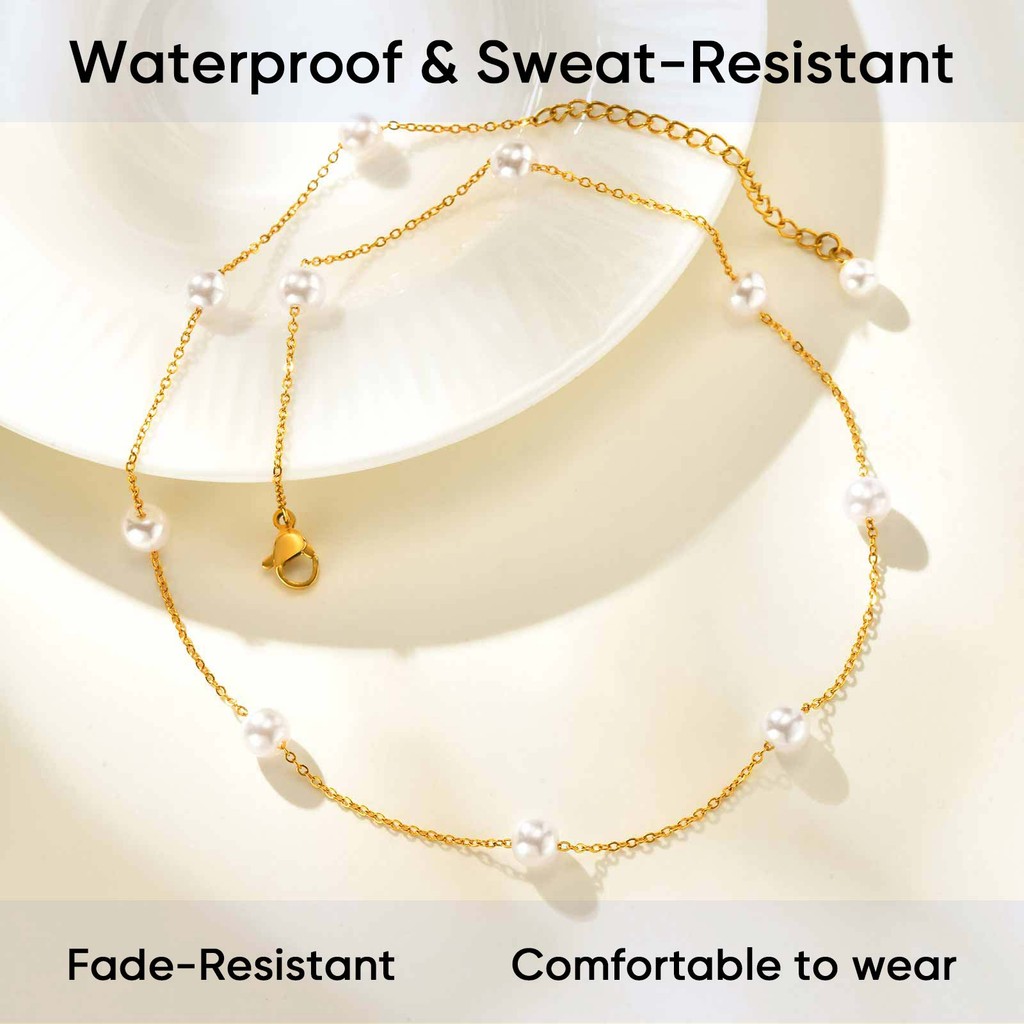 Vnox Pérola Link Corrente Colar Feminino Meninas Ouro Aço Inoxidável Não Manchar & Ajustável Jóias · foto 2