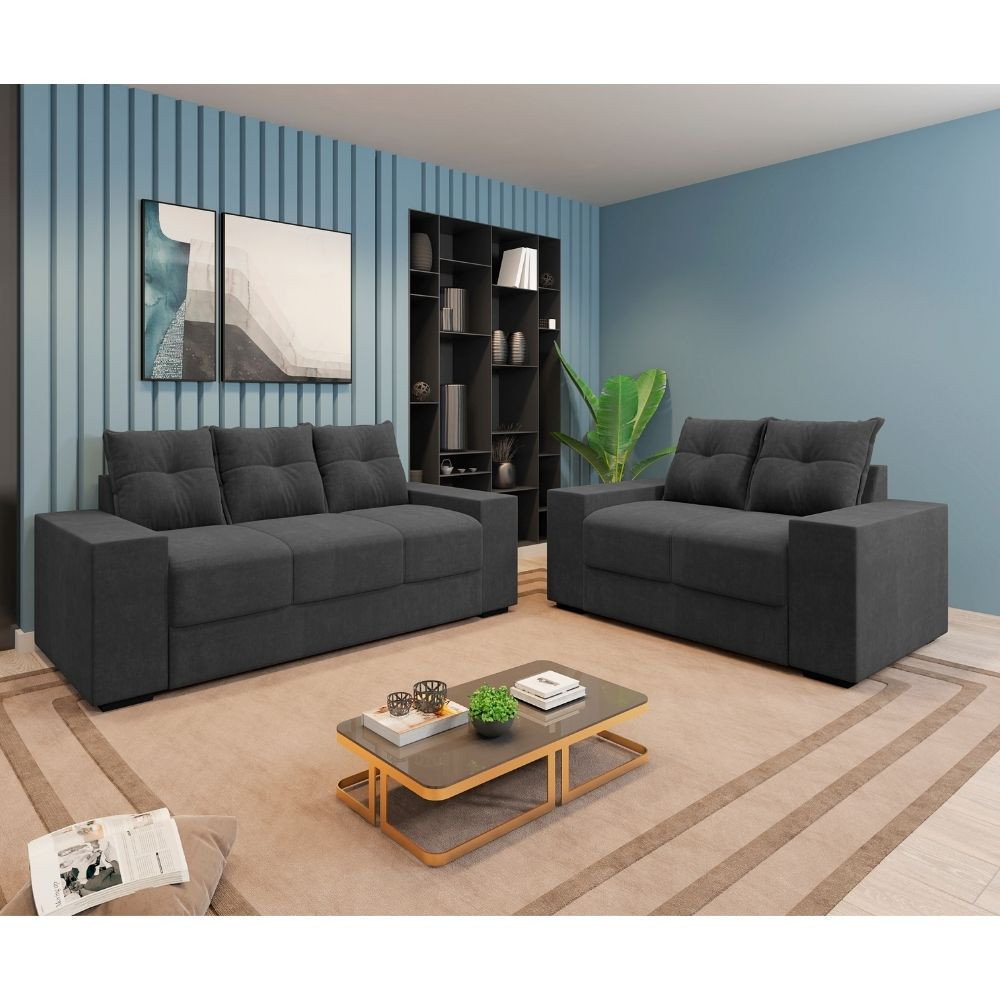 Conjunto Sofá 3 e 2 Lugares Suede Chamego II Flash