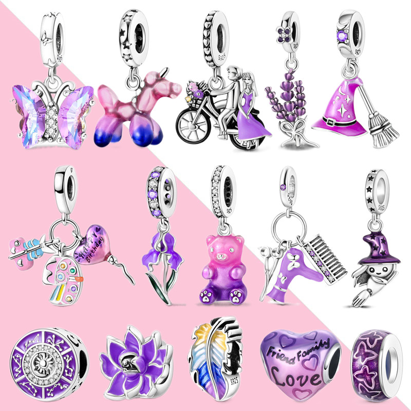 Série roxa pulseira pingente 100% S925 prata esterlina compatível pulseira DIY jóias fazendo presente de aniversário