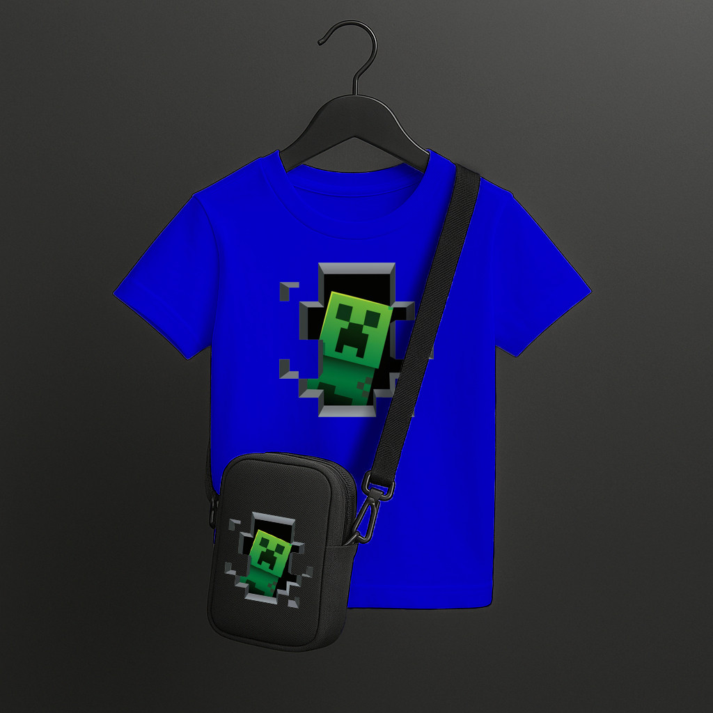 Conjunto Infantil Minecraft – Camiseta Estampada Premium + Bolsa Bag Gamer Unissex