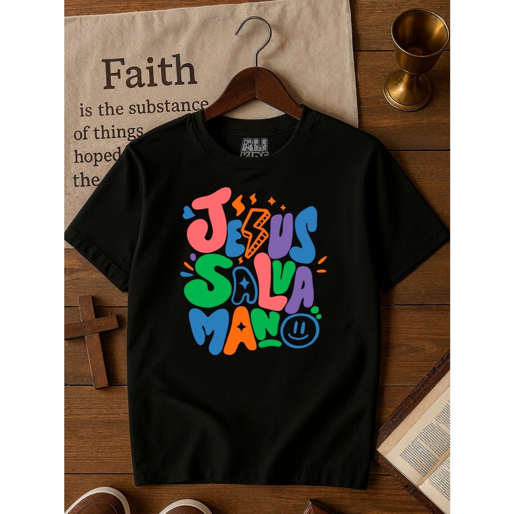 Camiseta 100% Algodão Gospel Juvenil e Infantil Menino Menina 2 ao 16 anos Jesus Salva Mano cristã religiosa