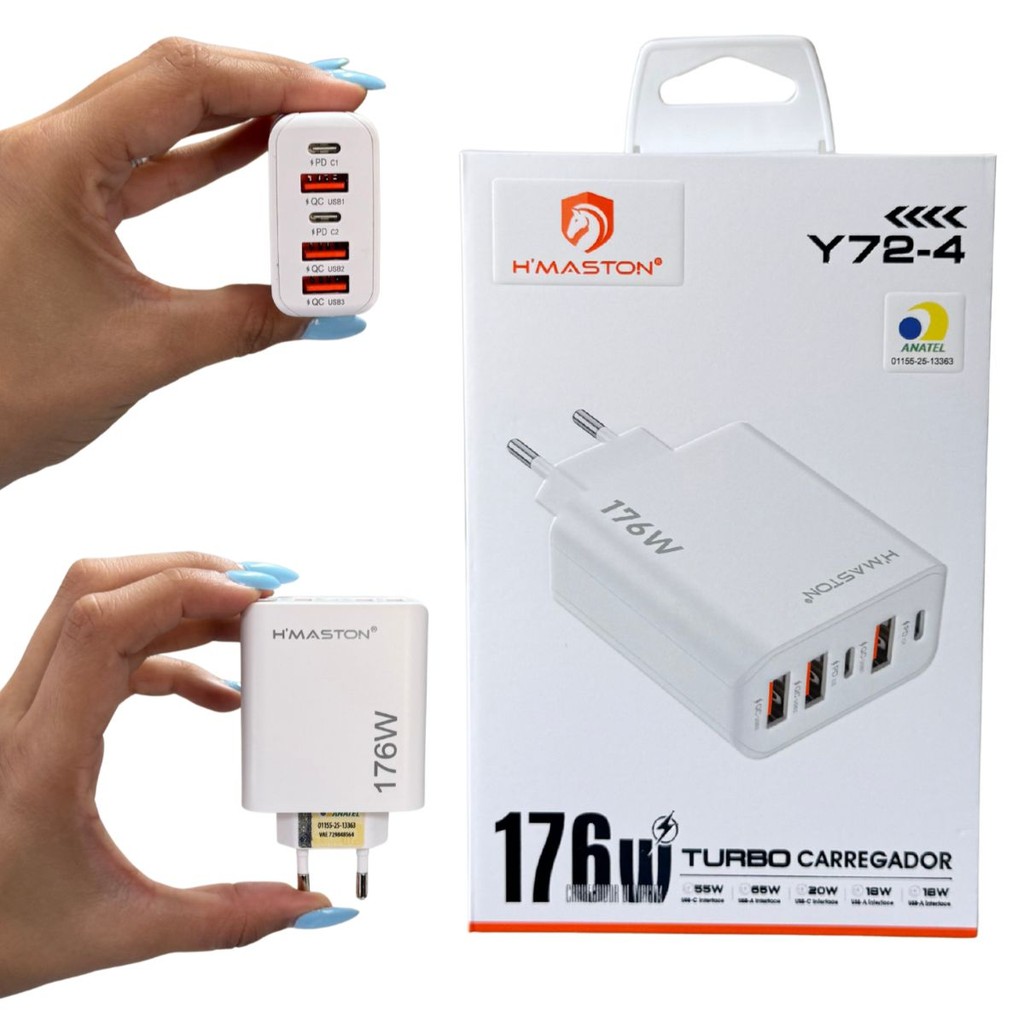 Fonte Carregador H’Maston 176W com 5 Portas 2 USB-C + 3 USB-A  Alta Velocidade Y72-4 em Oferta na Shopee