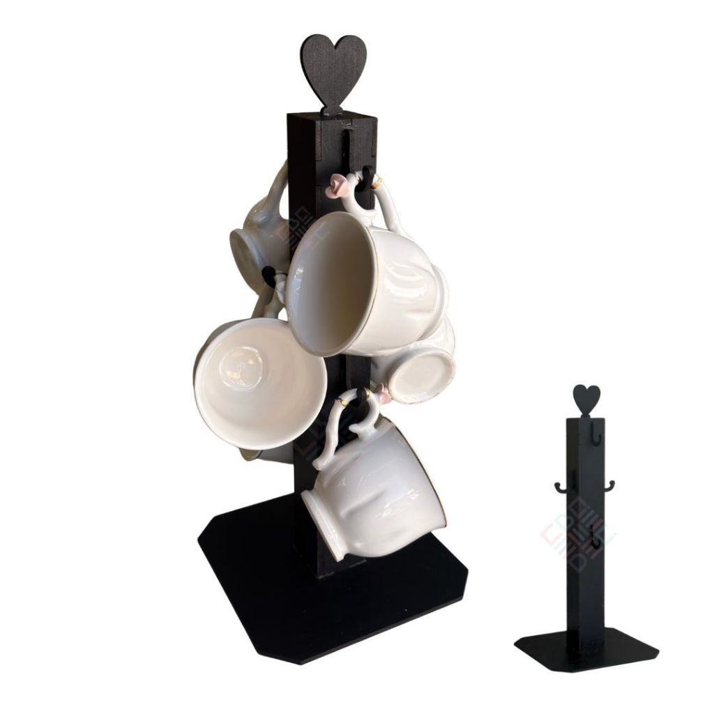 Pedestal Porta Xicaras 6 Ganchos Mdf Amadeirado Mancebo Organizador Pendurar Caneca Cantinho do Cafe