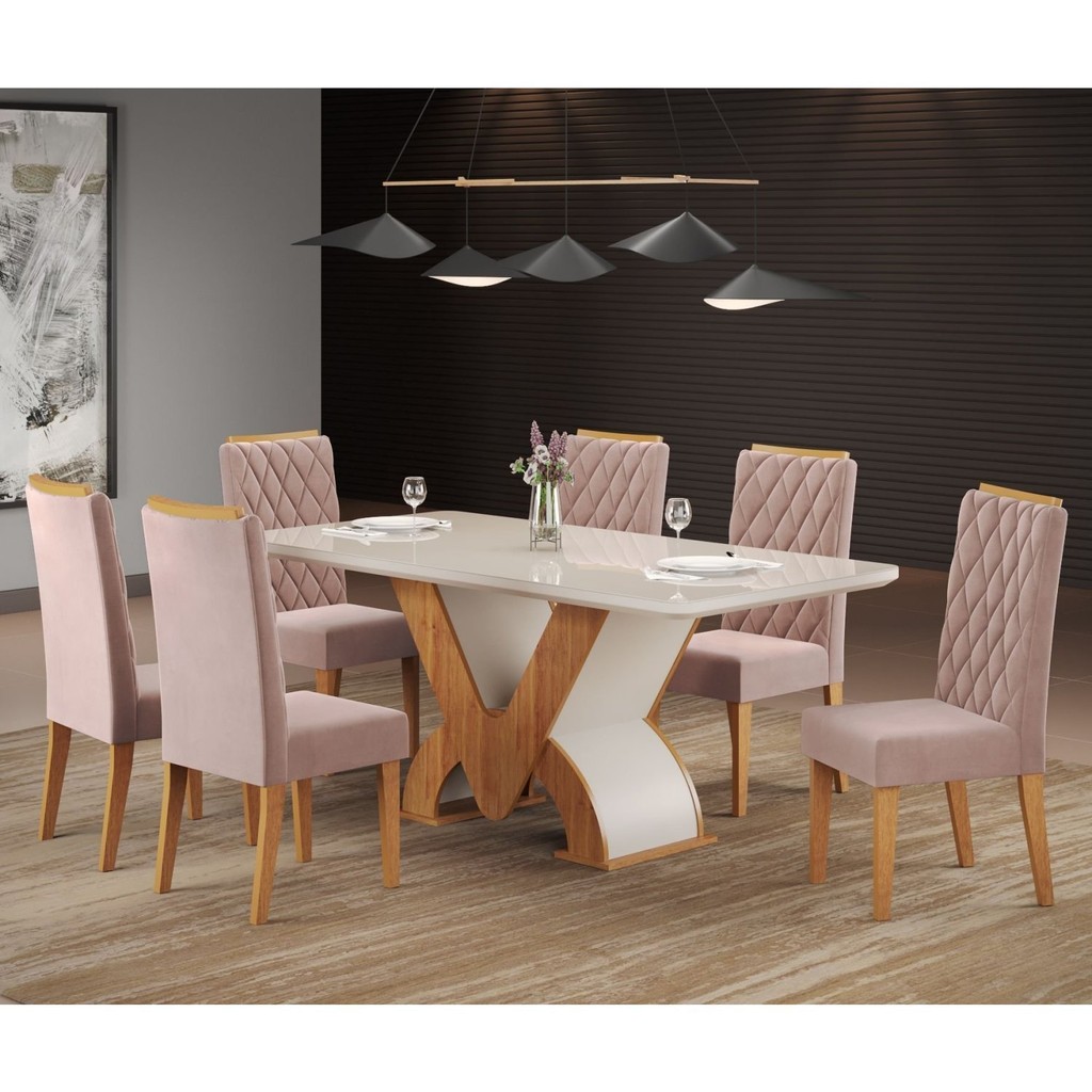 Conjunto Sala de Jantar Mesa Retangular Novita com 6 Cadeiras Iza Mel/Off White/Rosa em Oferta na Shopee