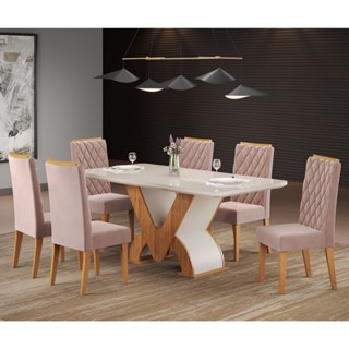 Conjunto Sala de Jantar Mesa Retangular Novita com 6 Cadeiras Iza Mel/Off White/Rosa em Oferta na Shopee
