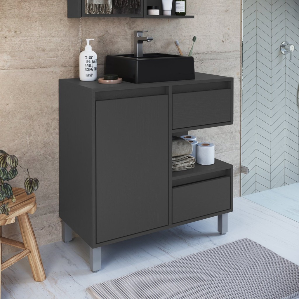 Gabinete para Banheiro Com Cuba Preta 80cm 2 Gavetas 1 Porta 1 Nicho Paula Grafite em Oferta na Shopee