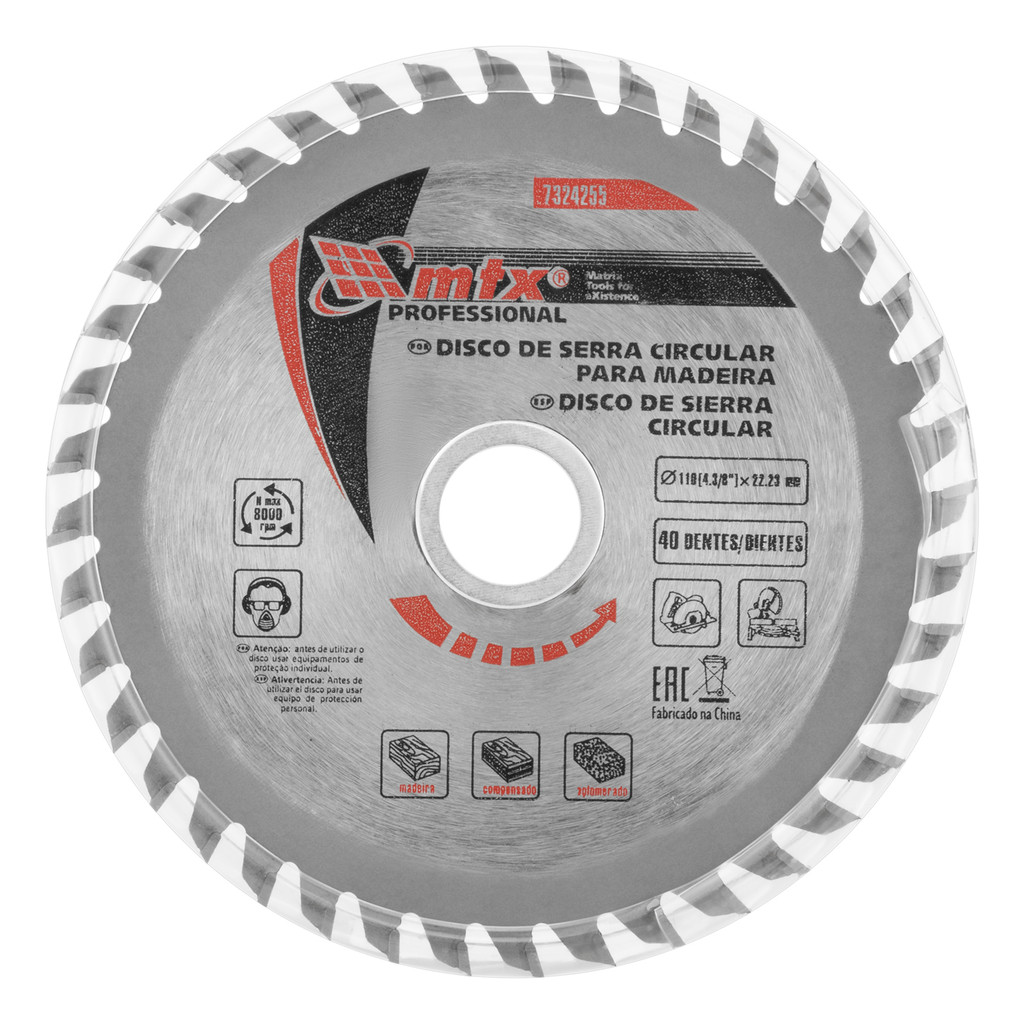 DISCO SERRA CIRCULAR PARA MADEIRA, 110MM (4,3/8POL.) X 22,23MM, 40 DENTES, ANEL DE REDUCAO, 1PC//MTX