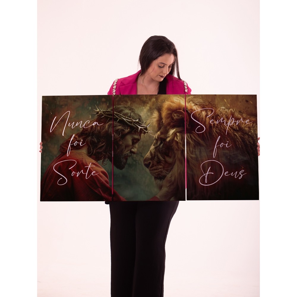 Quadro Decorativo Jesus e Leão 3 Peças Arte Religiosa MDF Frase Nunca Foi Sorte Sempre Foi Deus