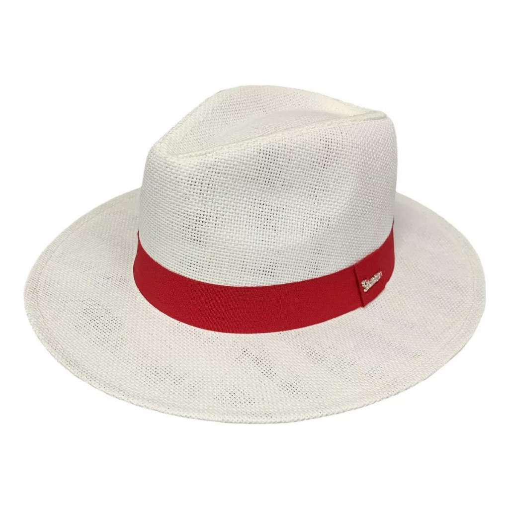 Chapéu Moda Panamá Fedora Praia Casual Branco Com Faixa Vermelha Com ajustes estilo Luxo Malandro