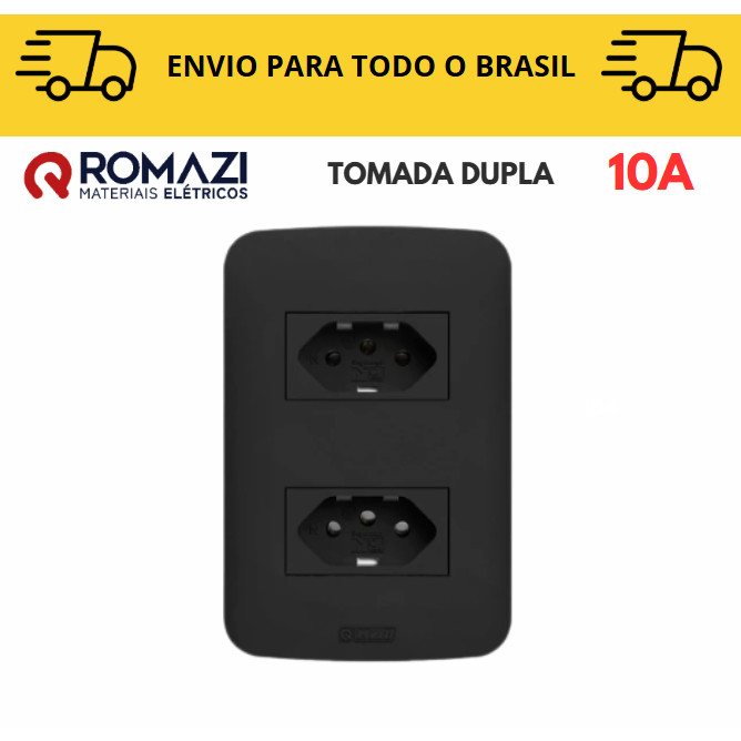 Tomada Dupla 10A linha canoa black romazi / 10A / 20A / Paralelo / Tomada Preta