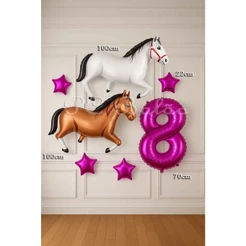 Kit 7 Balão Metalizado 2 CAVALO GIGANTE + N° 70CM PINK + 4 Estrela PINK FAZENDINHA - FAZENDA