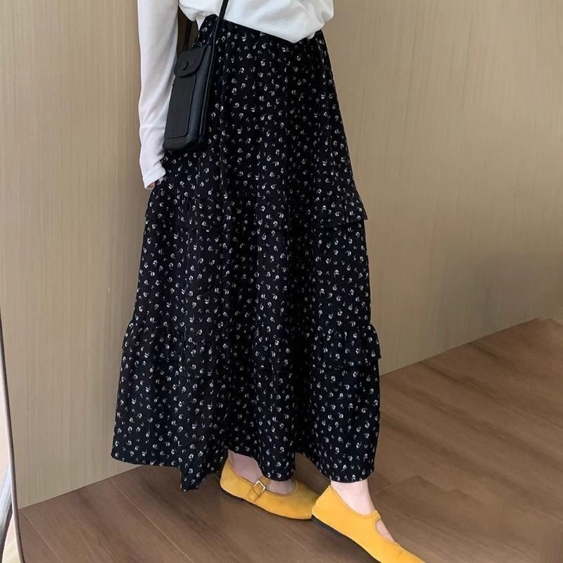 Preto Retro Floral saia feminina outono novo estilo cintura alta a linha guarda-chuva saia forma pêra corpo capa virilha