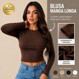 Blusa Femenina Manga longa Baby Tee Slim de Compressão Cropped Gola Redonda