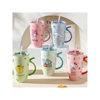 Sanrio copo de água de cerâmica, caneca de grande capacidade, copo de palha criativo para meninas com tampa, presente de