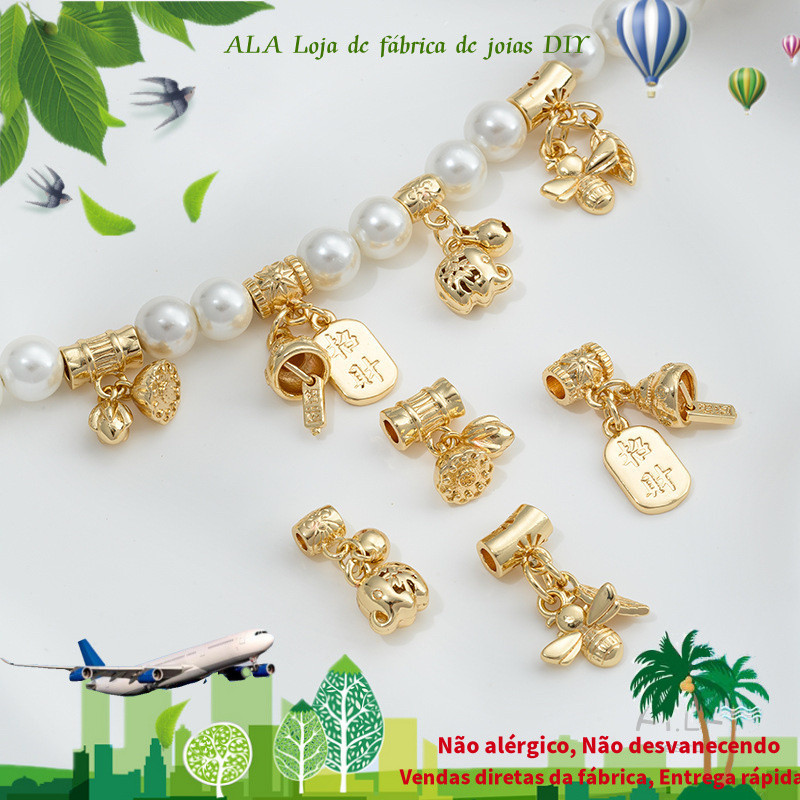 Retenção de cor 14K banhado a ouro dois mundos feliz lótus Pom sorte gato abelha bebê elefante sino barril grânulo pinge