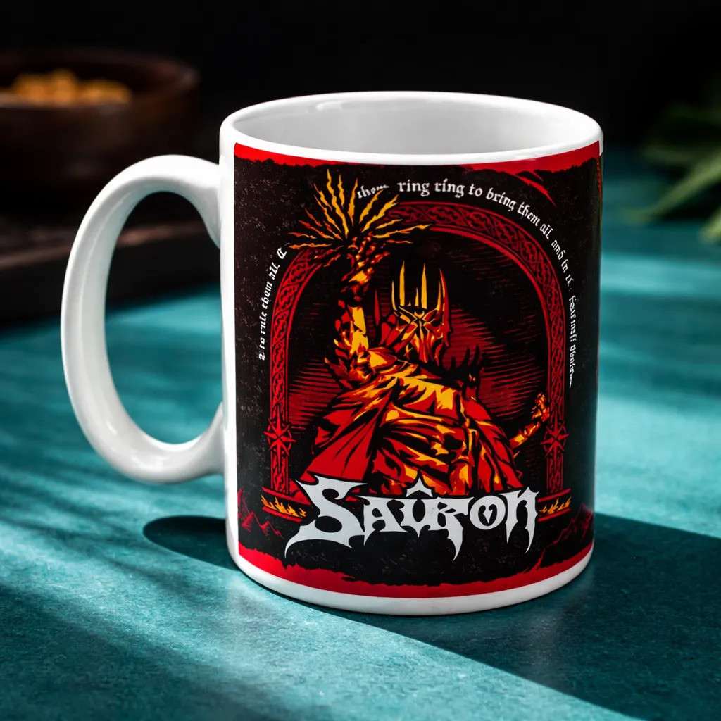 Caneca O Senhor Dos Anéis Aragorn Legolas Gollum Sauron Branco Sauron