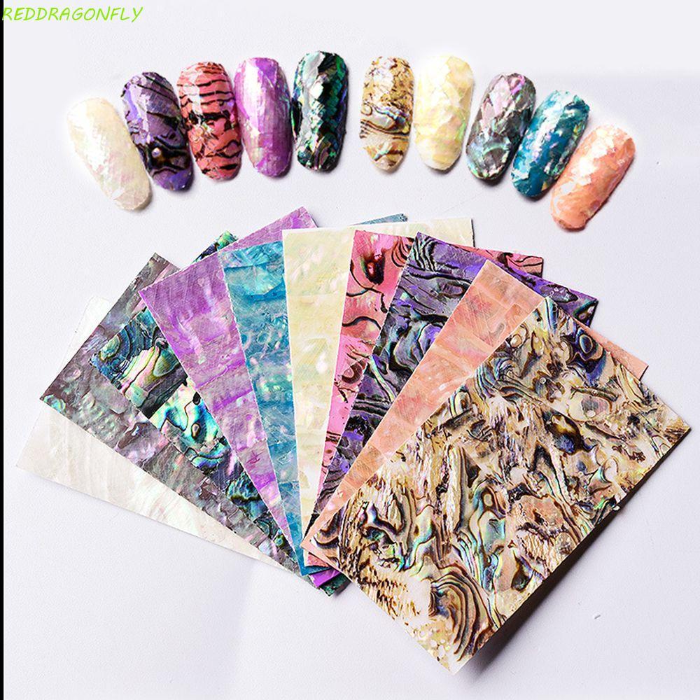 RDERGOYL DIY Decalques De Unhas Adesivo Glimmer Abalone Shell Fatia Folhas Mulheres Gradiente Sereia Flocos