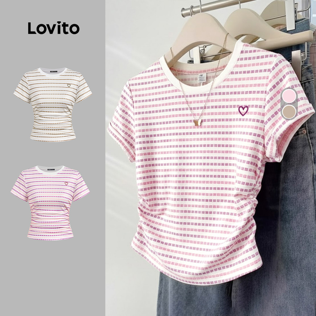 Lovito Casual Camiseta Feminina Para O Dia a Dia Com Bordado Em Blocos De Cores 