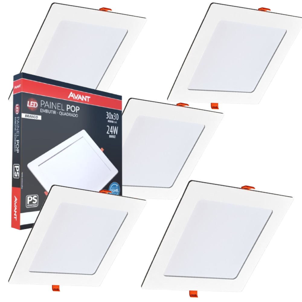 Kit 5 Painel LED Avant 24W 6500K Embutir Quadrado 1680lm Bivolt