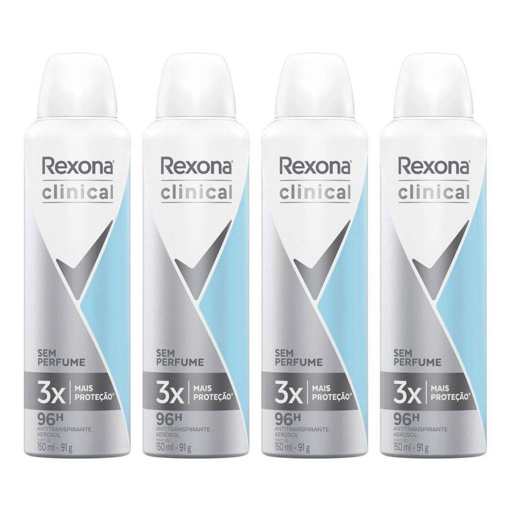 Desodorante Rexona Aerosol Clinical sem Perfume 150ml - Kit com 4 Unidades