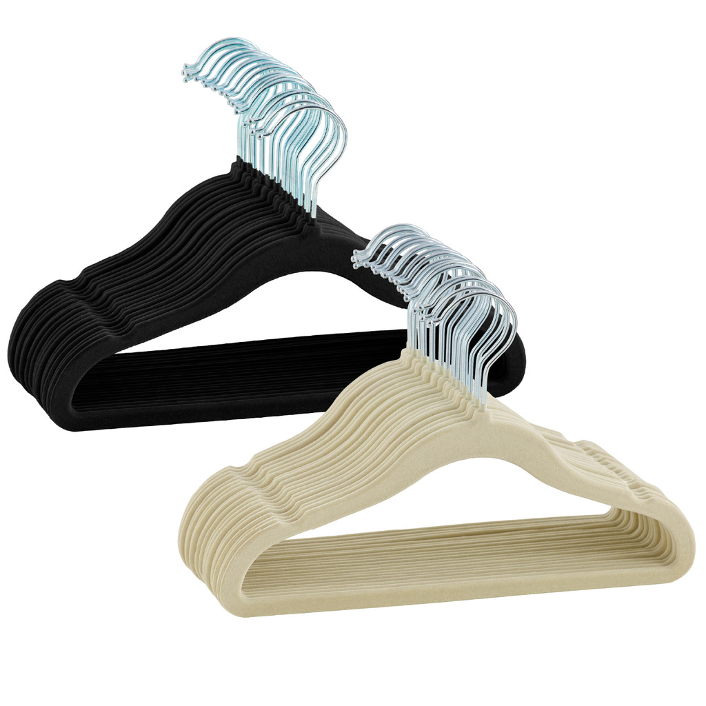 Kit 30 Cabides De Veludo Infantil Preto Bege Ultra fino Slim